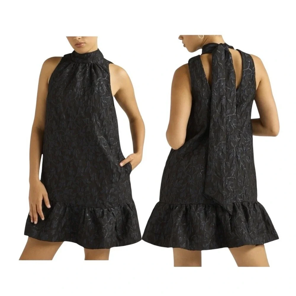 Scoop Mini Dress Women‎ Large Black Blue Metallic Floral Jacquard Mock Neck Tie